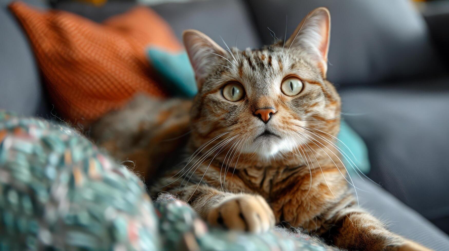 Orange Cat Watching TV on Couch photo