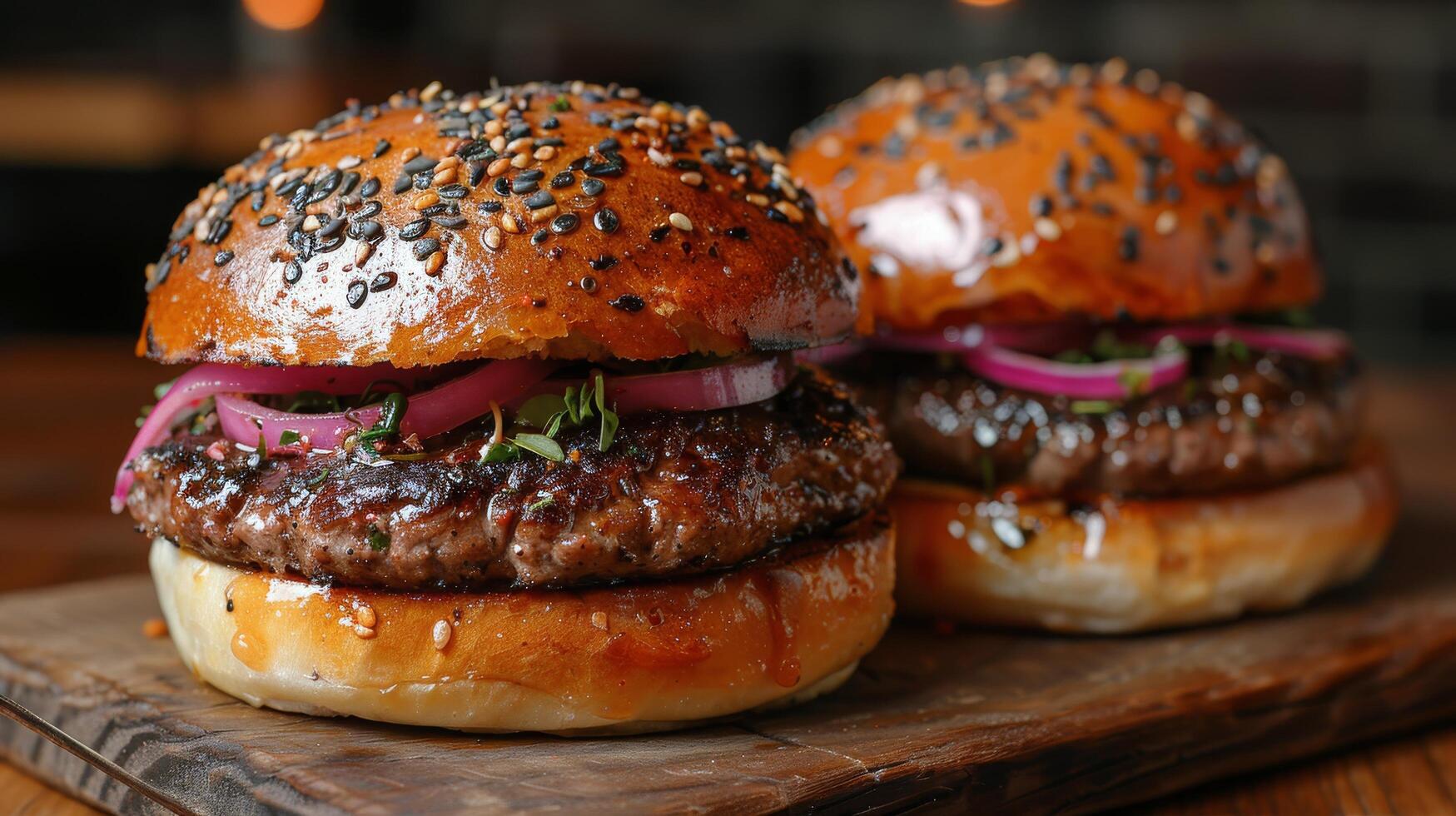 dos hamburguesas en de madera corte tablero foto