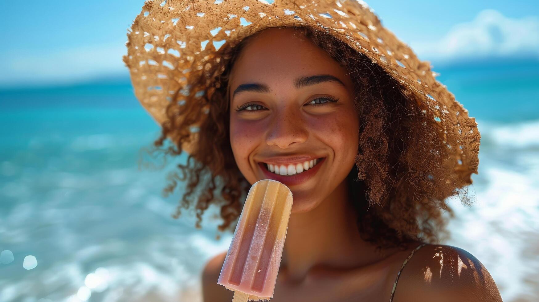 Woman in Straw Hat Holding Popsicle photo
