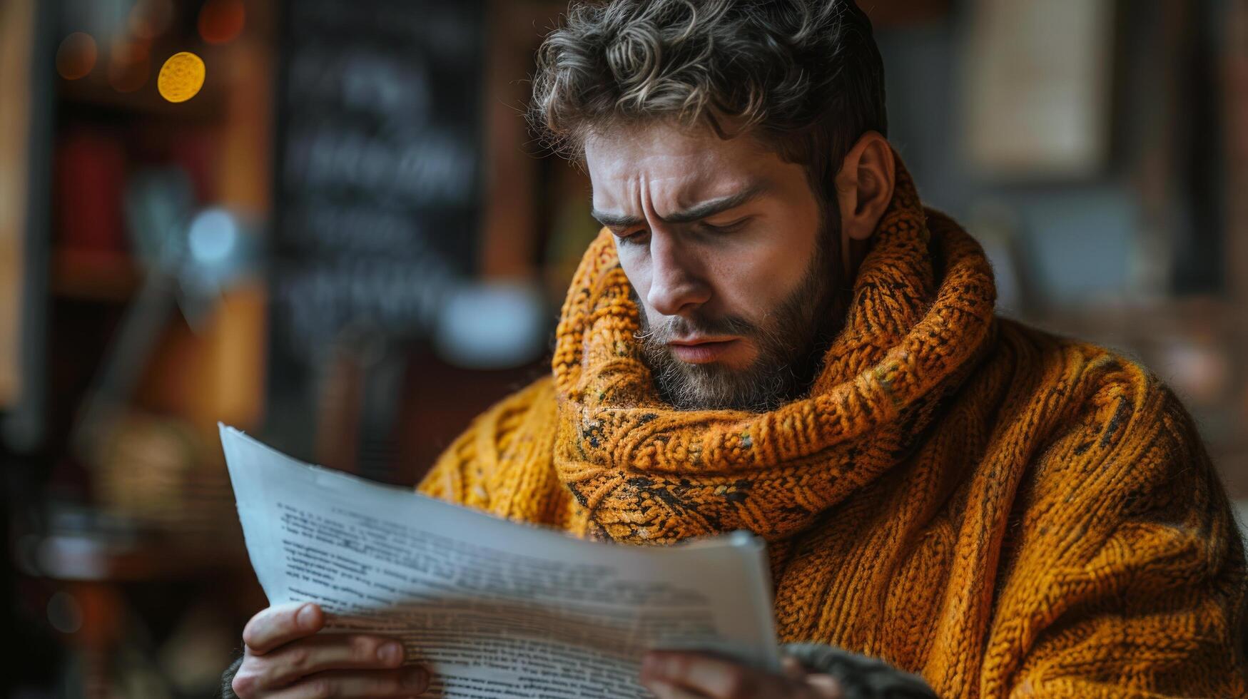 Young Man Reading Paper at Table photo