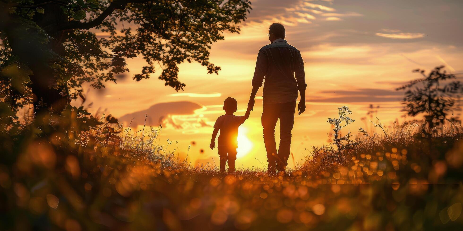 Man and Child Walking in Field at Sunset photo
