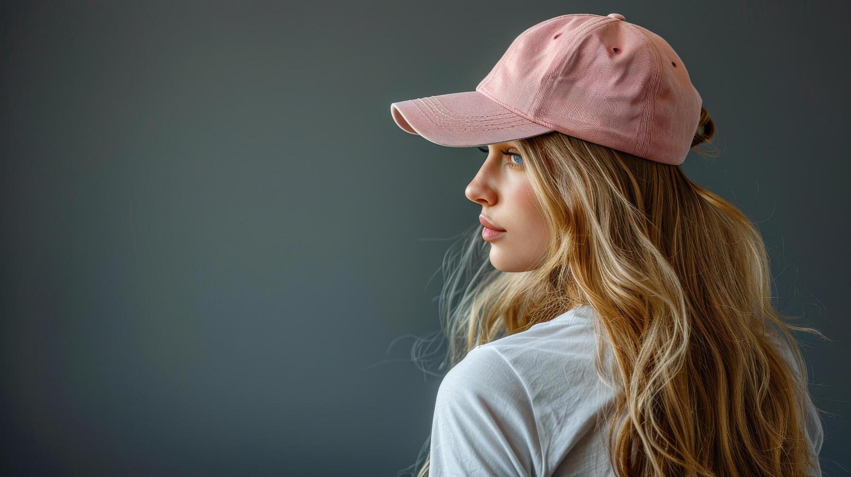 Woman With Long Hair Wearing Pink Hat photo