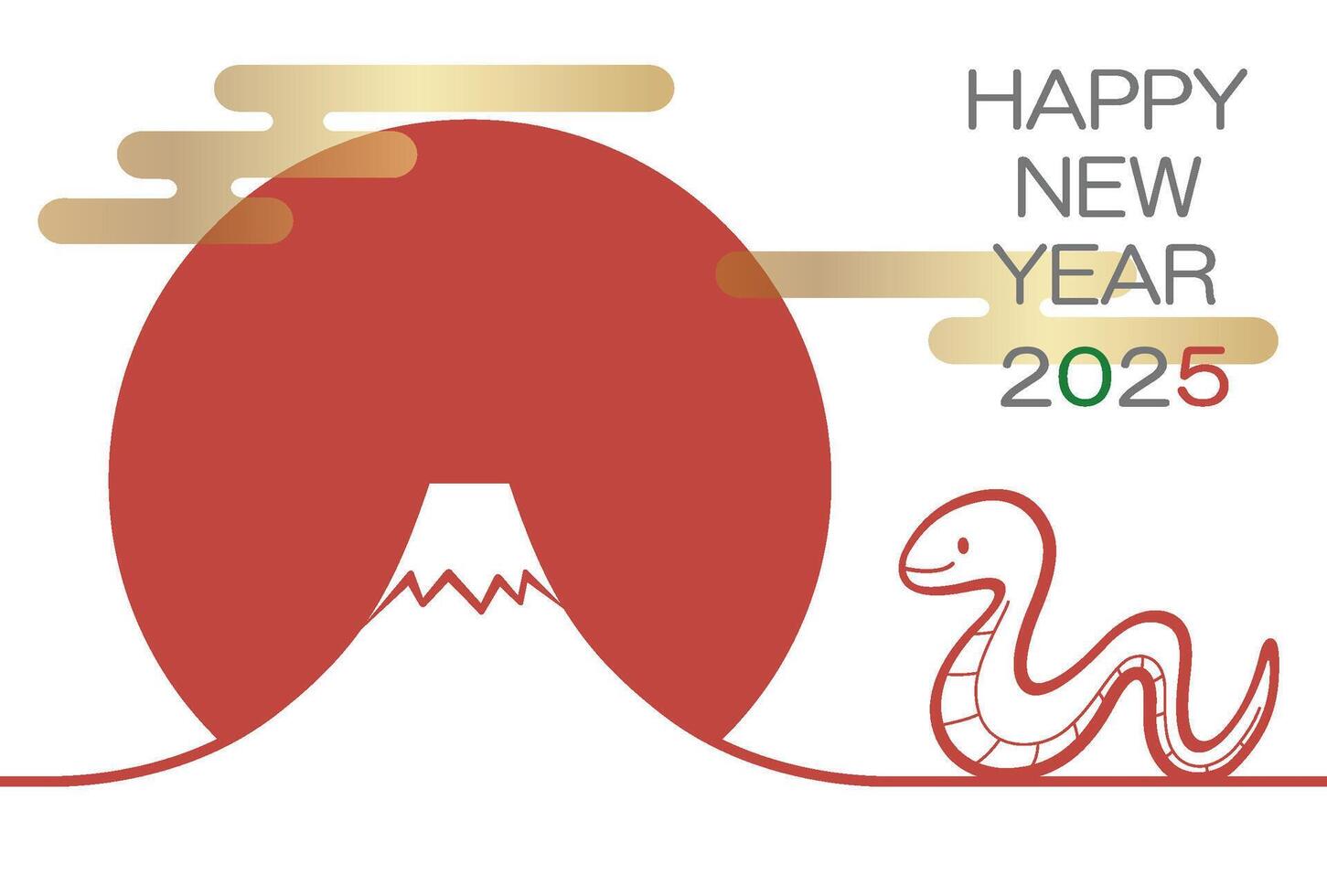 2025, Year Of The Snake, New Years Greeting Card Template With A Snake Mascot, Mt. Fuji, And The First Sun In The New Year. vector