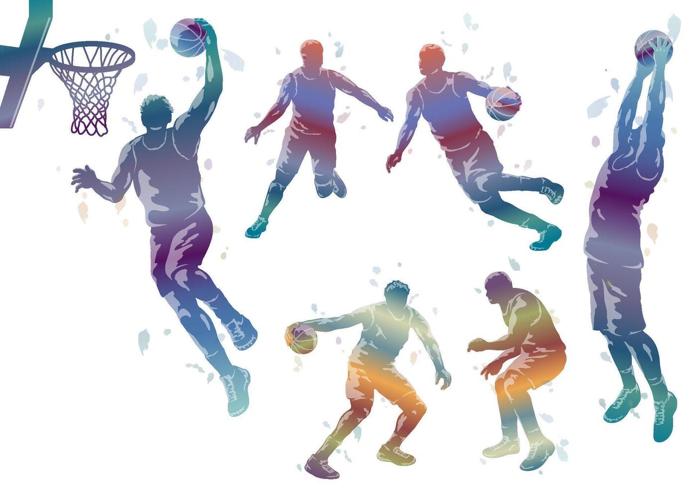 Basketball Players Colorful Gradation Silhouette Set Isolated On A White Background. vector