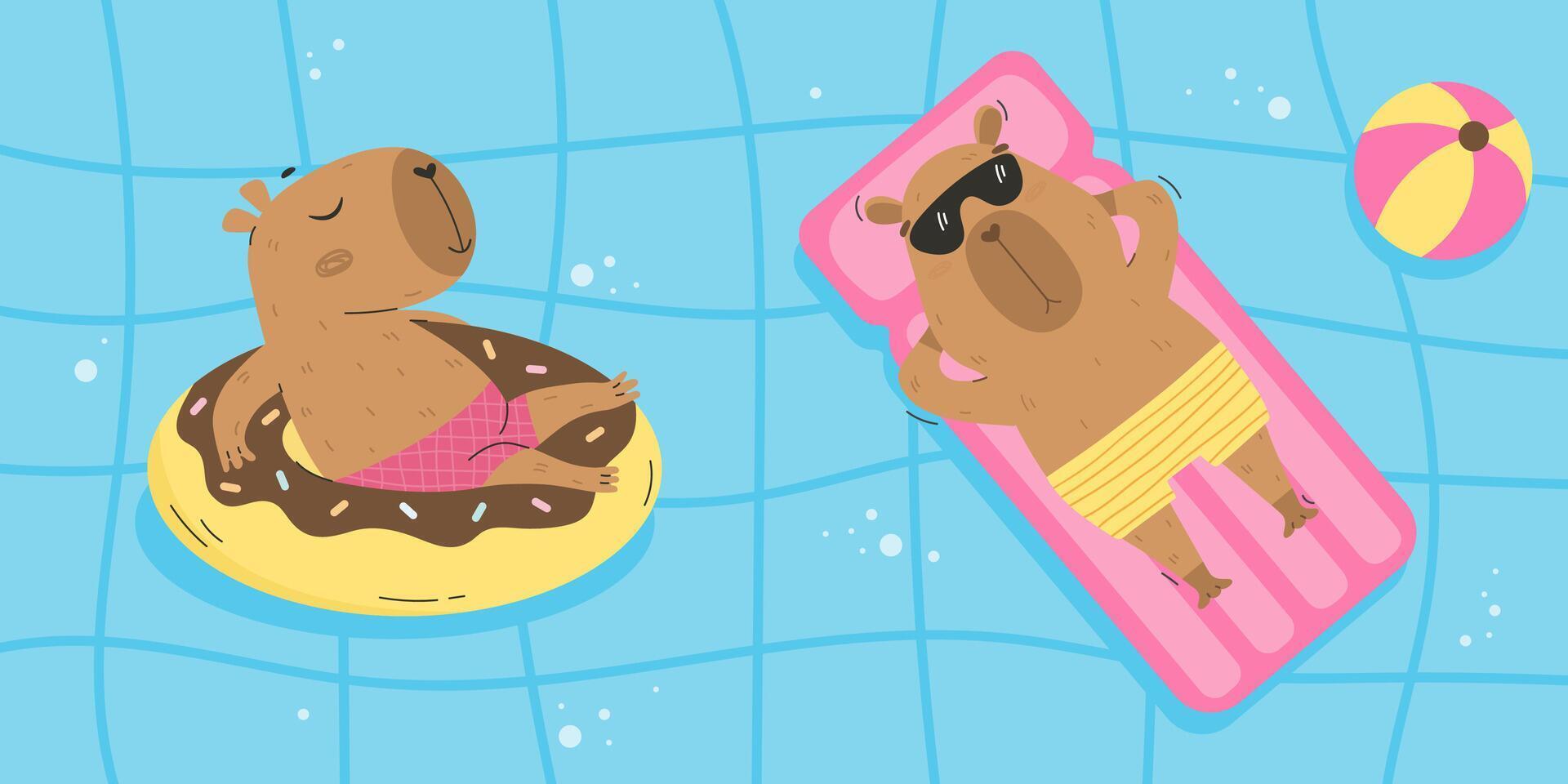 Funny capybaras floating in swimming pool vector