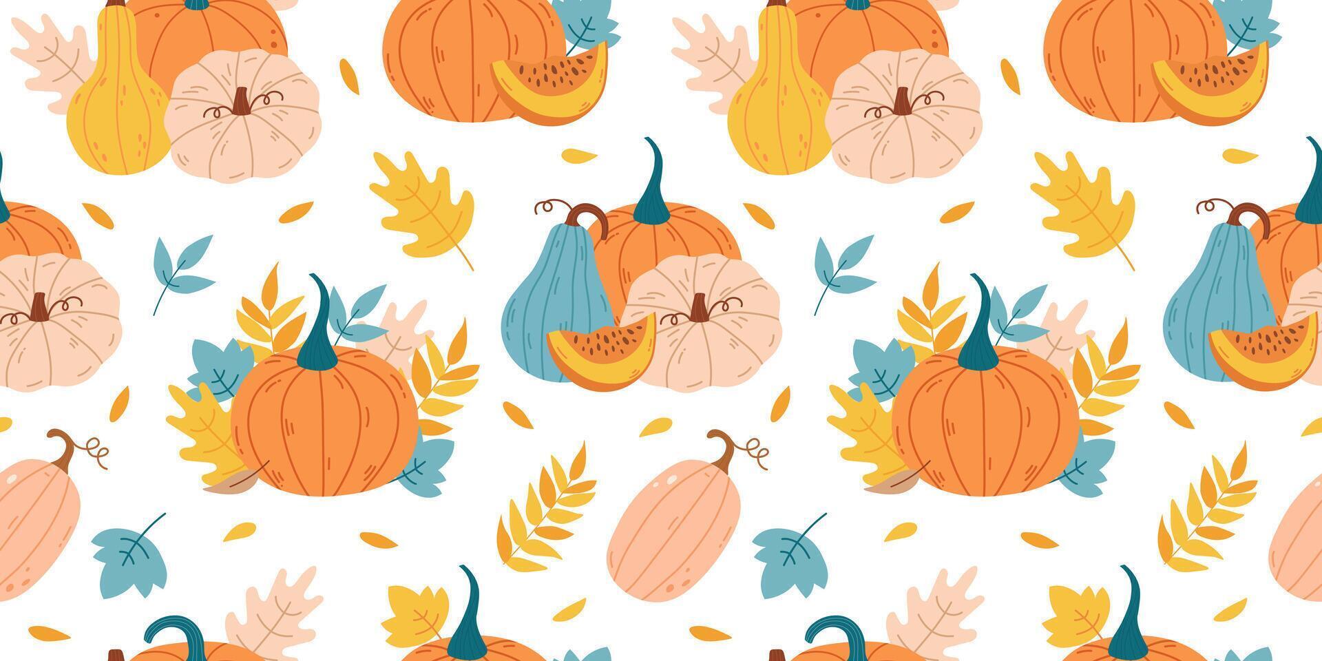 Seamless pattern with pumpkins and autumn leaves vector
