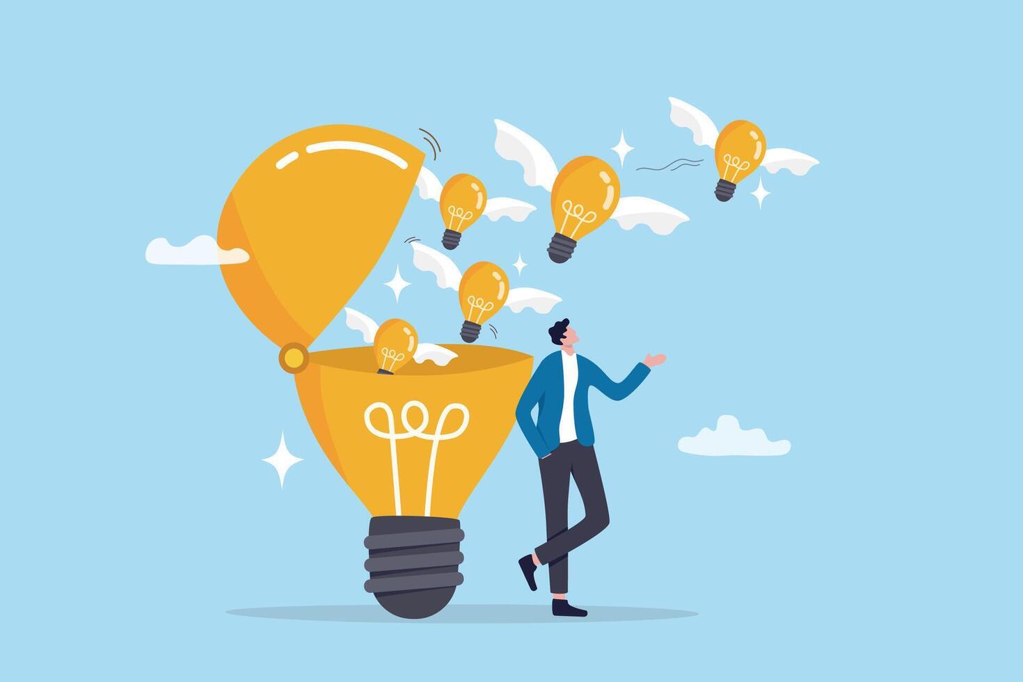Idea generation, creativity or innovation to inspire new ideas, invention and knowledge, imagination or wisdom for solution concept, young adult man open lightbulb to develop and generate new ideas. vector