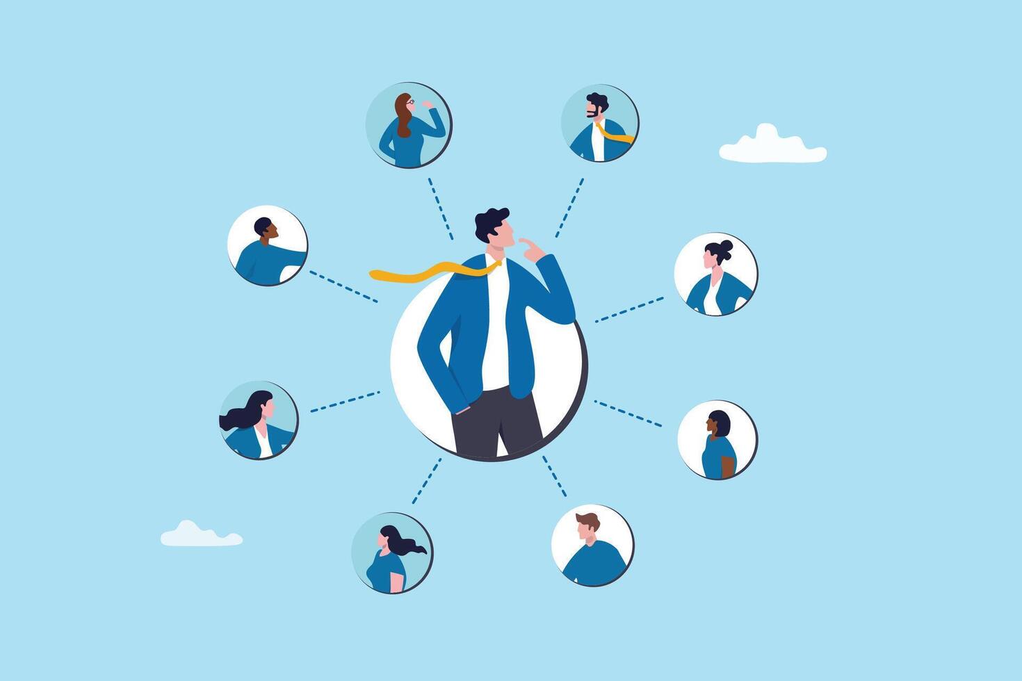 360 degree feedback, assessment or performance appraisal, customer review, testimonial or job networking, employee evaluation, rating or survey concept, businessman get feedback from colleagues. vector