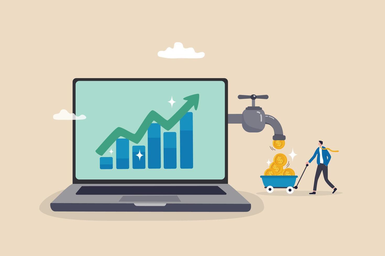 Make money online, earning profit from online investment, internet or e-commerce, sell product online, affiliate marketing concept, businessman making money coins online website from computer laptop. vector