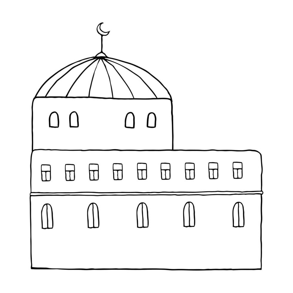 Arabic mosque house flat illustration in black and white. Simple traditional Islamic Middle East architecture with windows and dome vector