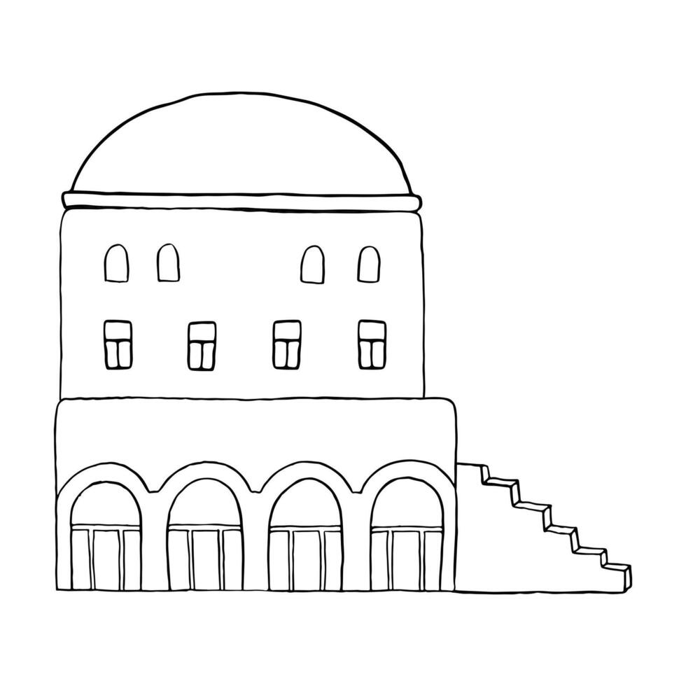 Arabic house with dome, stairs and columns flat illustration in black and white. Simple line art of traditional Islamic Middle East architecture vector