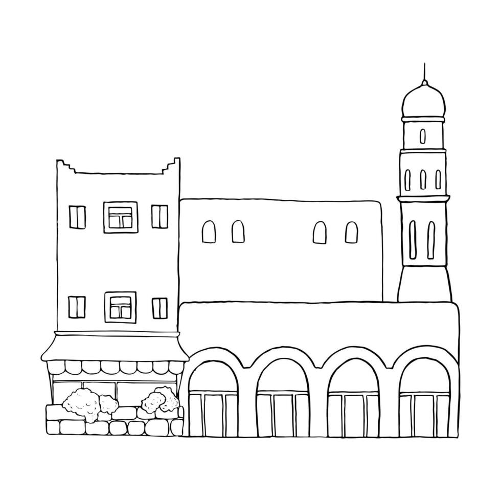 Ancient town street in Jerusalem flat line illustration in black and white. Minimalist Arabic houses with balcony and tower cityscape in Middle East. Islamic architecture vector