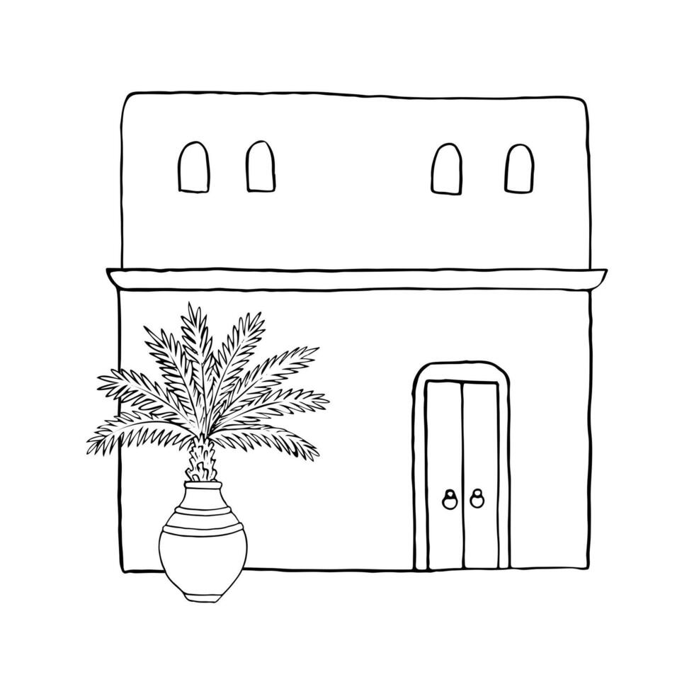 Line Mediterranean house with canopy balcony and palm tree in pot vase black and white flat illustration. South Europe traditional architecture from old city. Hand drawn monochrome sketch vector