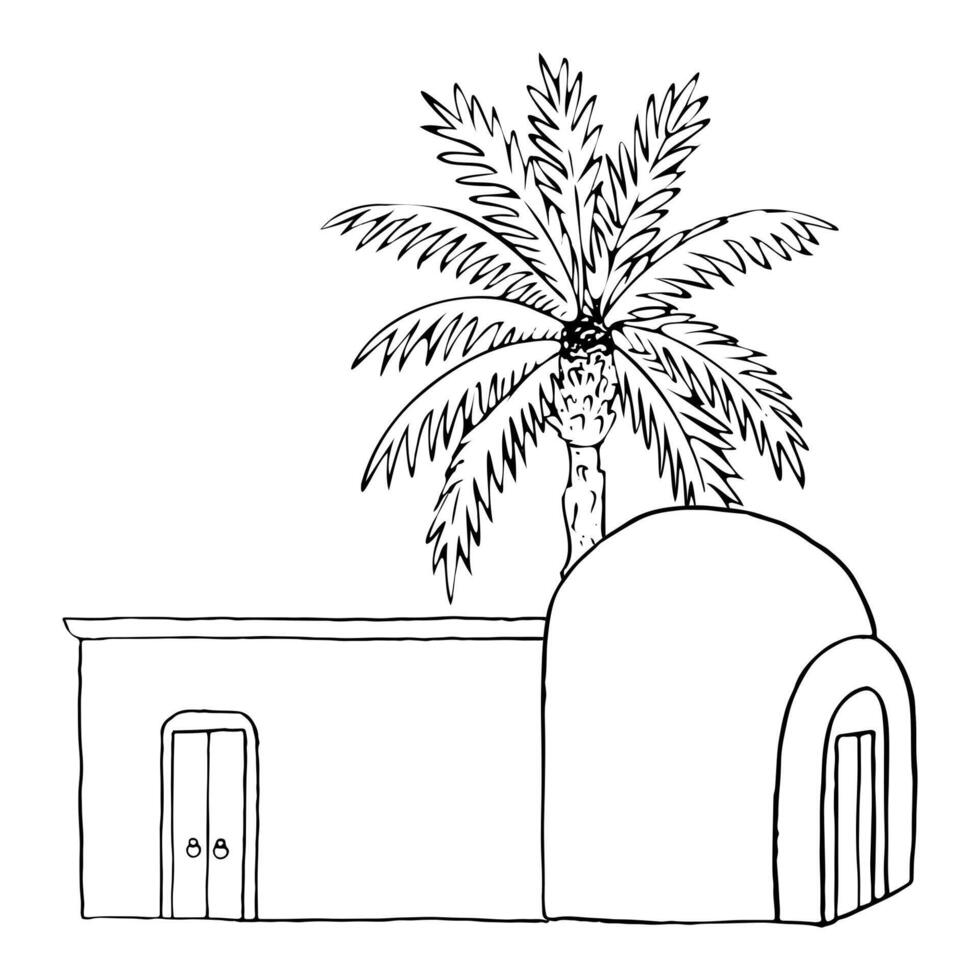 Egyptian Arabic clay hut with palm tree simple line illustration in black and white. Middle East traditional one story desert house vector
