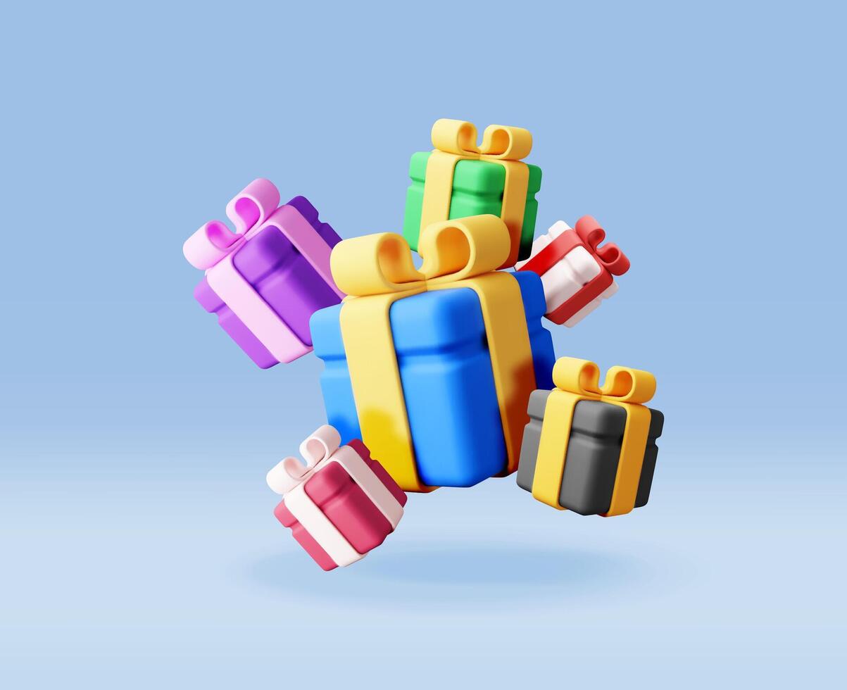 3D gift box pile isolated. Render collection of colorful wrapped box. Christmas. New year, sale, shopping. Present box with bows ribbons. Giftbox for valentine, birthday, holiday. vector