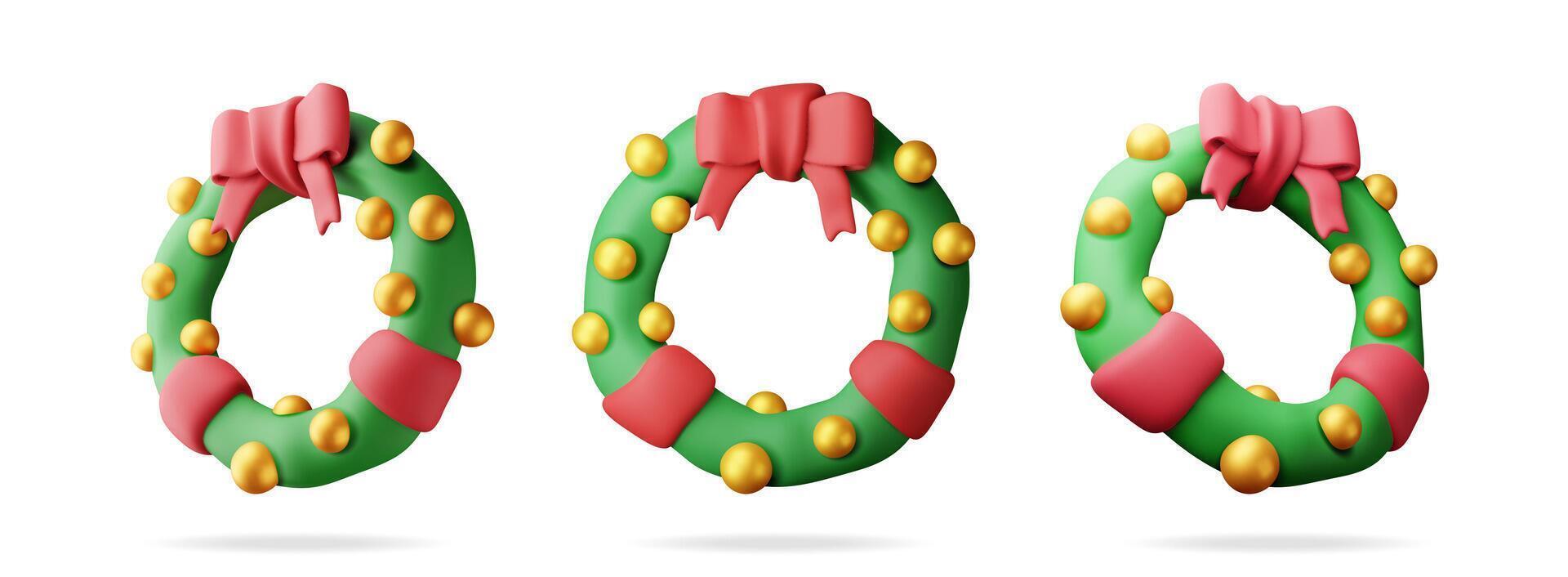 3D set of christmas wreath with glass balls. Render collection of evergreen tree, fir branches. Happy new year decoration. Merry christmas holiday. New year and xmas celebration. vector