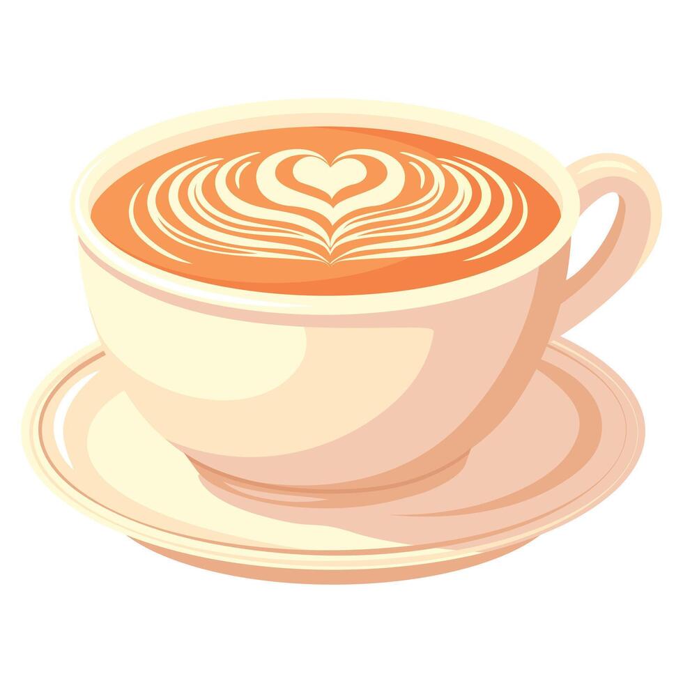 A white coffee cup with cappuccino stands on a white saucer. The cup is filled with aromatic creamy drink. The heart-shaped foam adds a touch of warmth and tenderness. vector