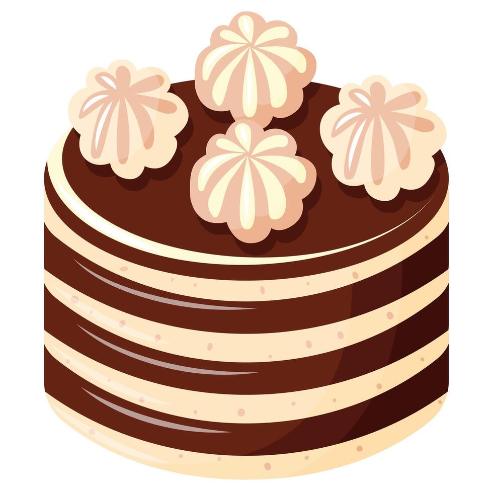 Chocolate cake with whipped cream. The cake is decorated with four small meringue flowers. vector