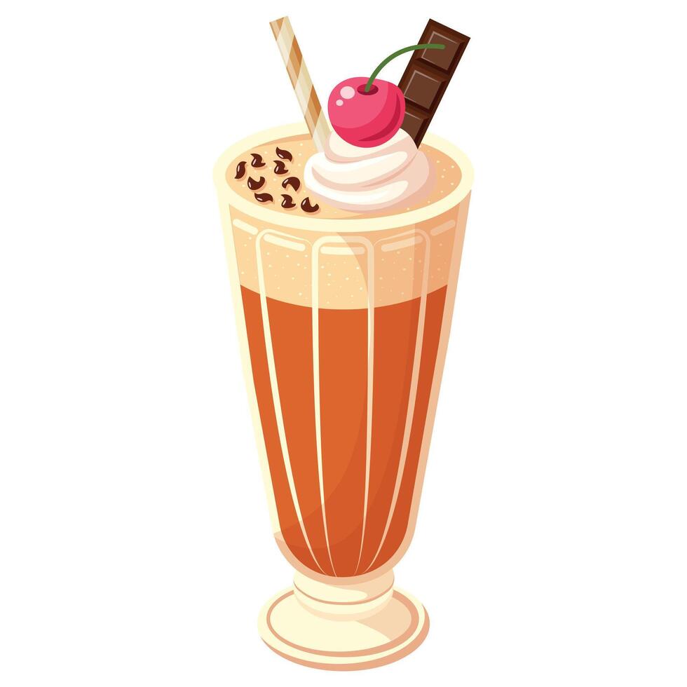 A glass of chocolate milk with a cherry on top. The drink is in a tall glass vector