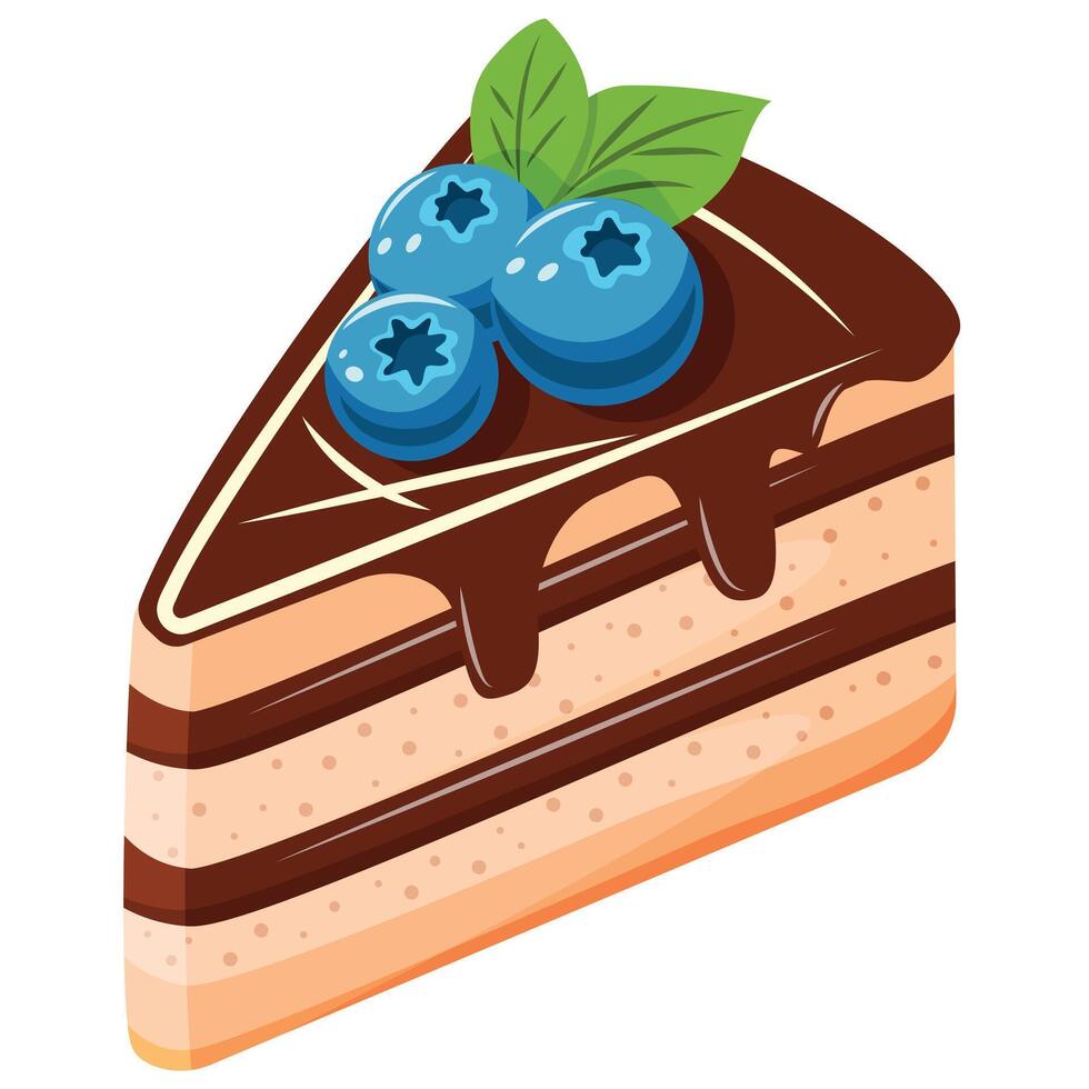 A slice of chocolate cake with blueberries and green leaves on top. The cake is cut into a triangle and has a chocolate glaze vector