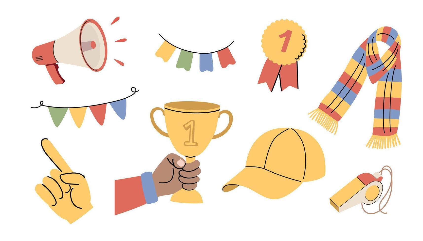 Soccer fans elements. A cap, a megaphone, festival flags, a fan glove, a scarf, a cup and a gold medal. vector