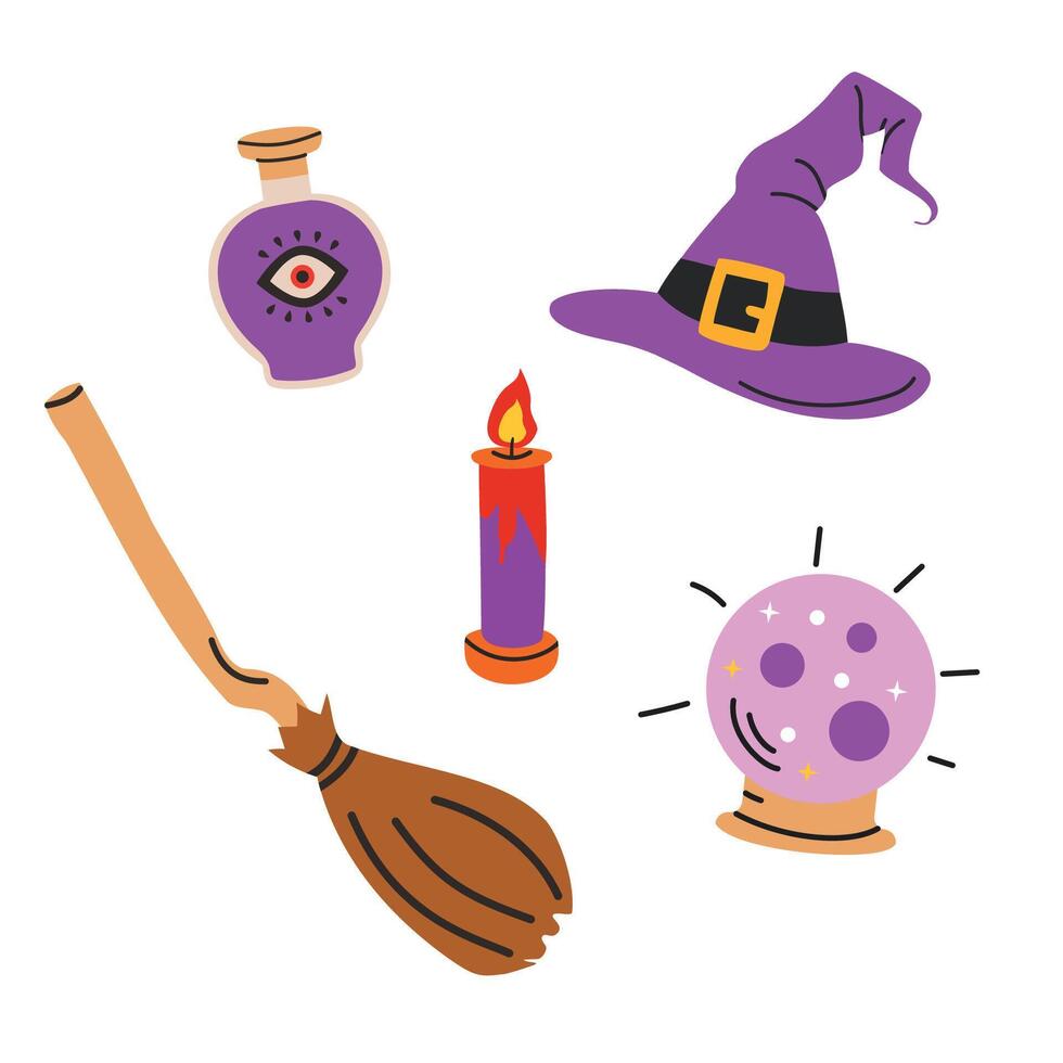 Magic icons set. Witch hat, magic potion, broom, candle. illustration vector