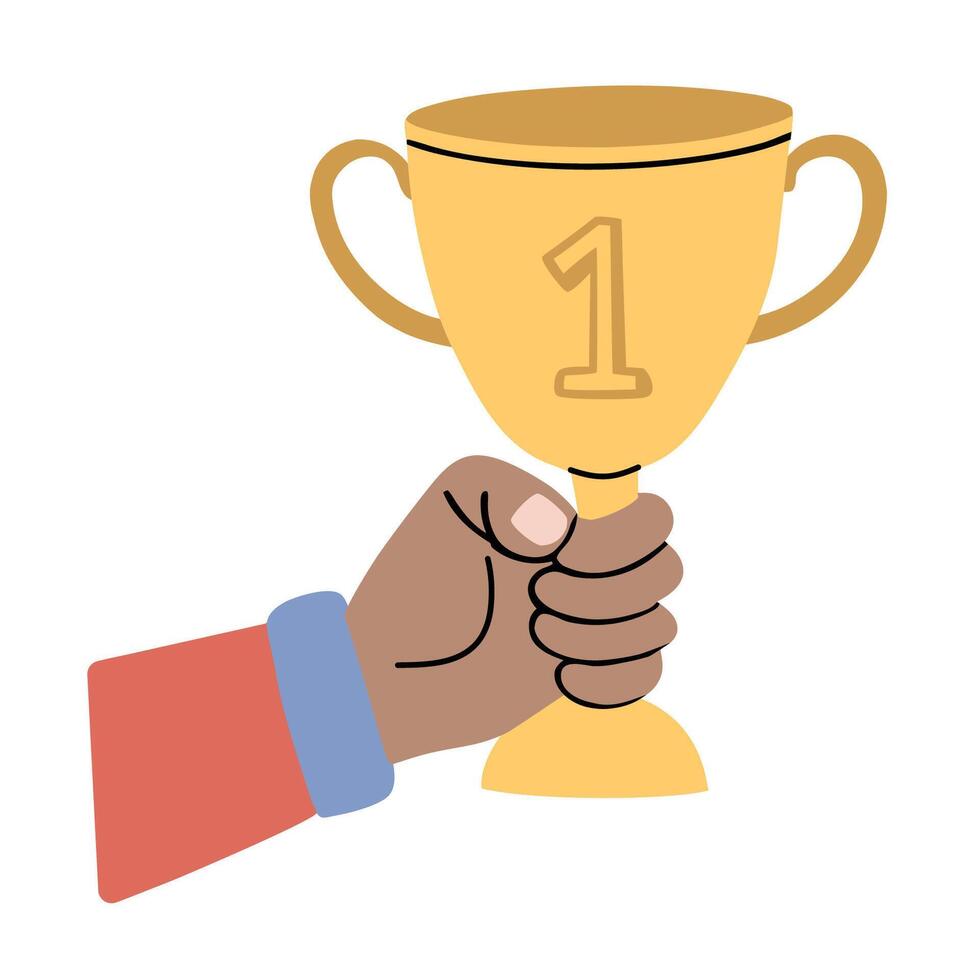 Hand holding a golden trophy cup with number one illustration graphic design vector