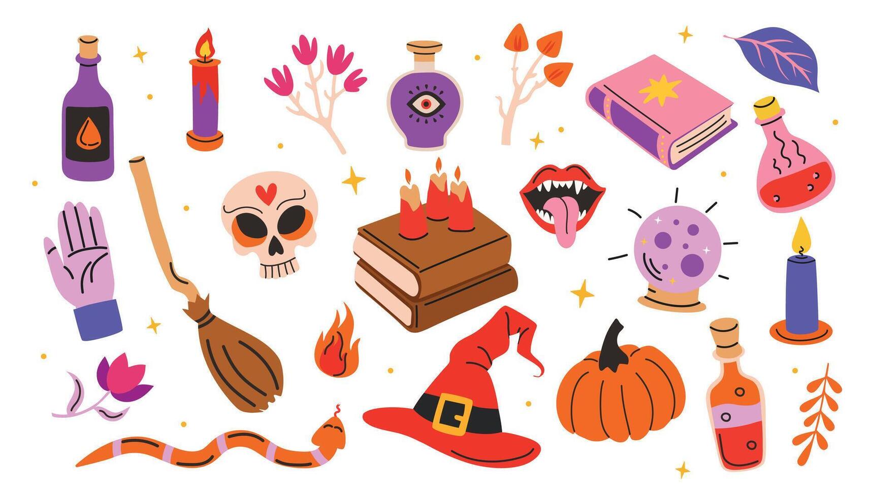 Cartoon set of stickers of magic and witchcraft. Magic design. Halloween set. illustration. vector