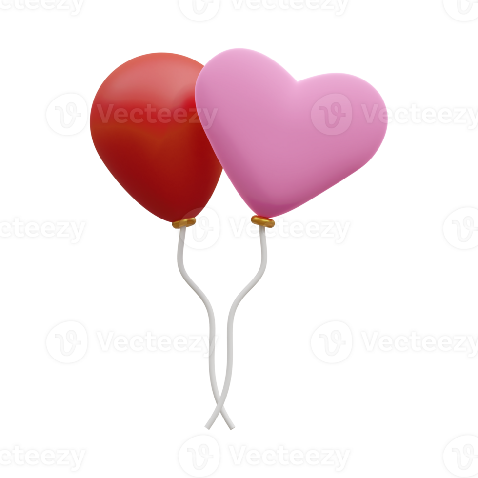 3d illustration of Air Balloons In Heart Form With Ribbon, Fly Helium Inflated Balloons In Love abstract png