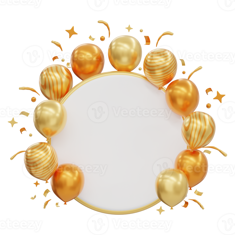 3d illustration of birthday, party or celebration decoration abstract, golden pretty balloons abstract png