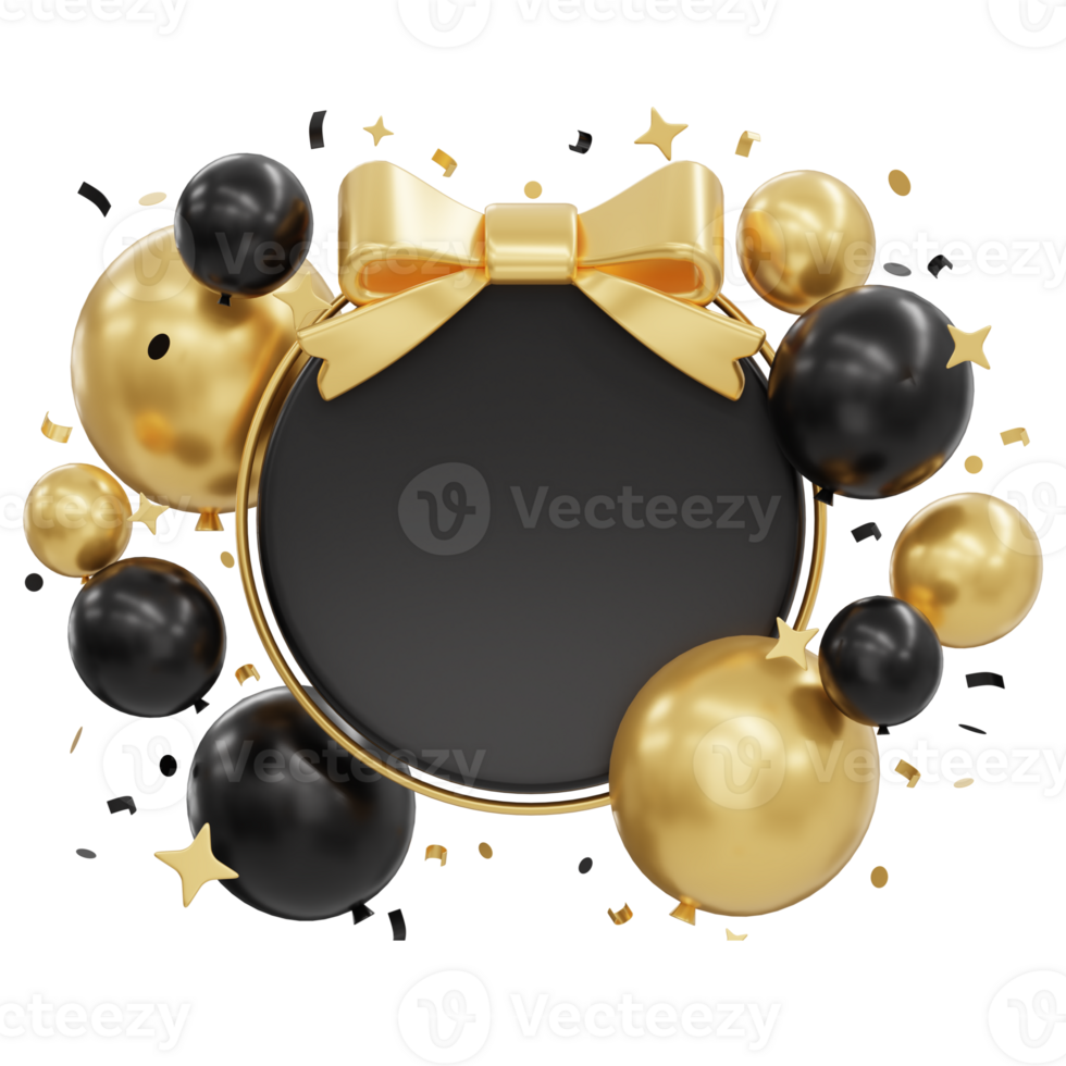 3d illustration of celebration black and golden ballons, card, party, flyer, poster abstract isolated png