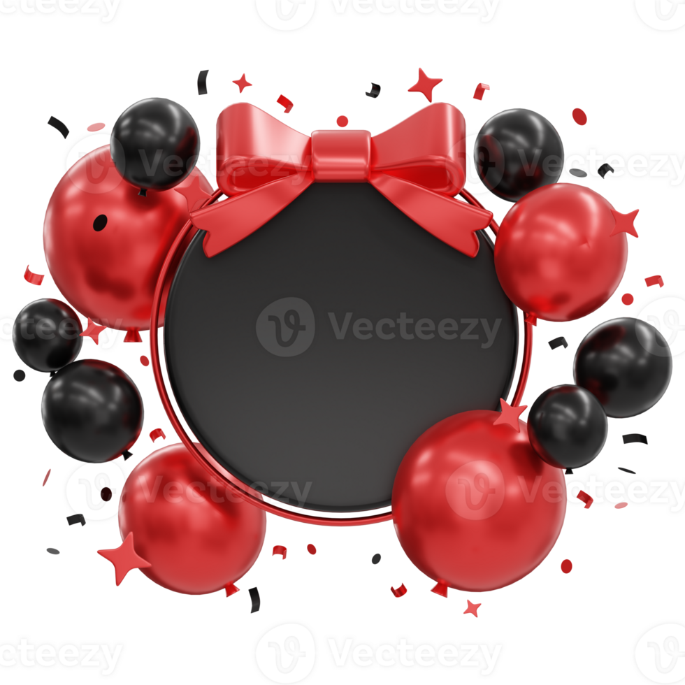 3d illustration of colorful red and black decorated balloons with bow with sprinkles png