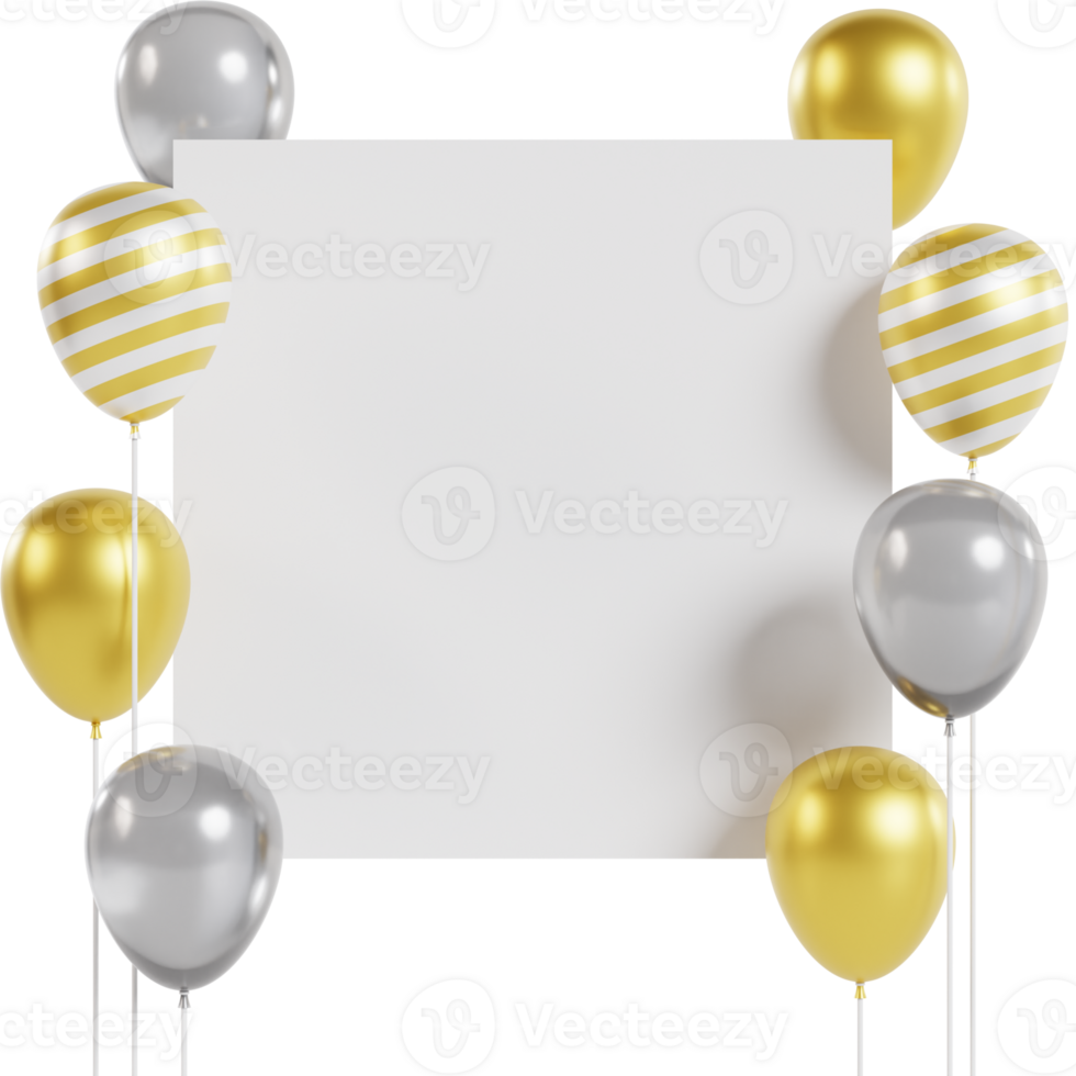 3d illustration of realistic golden balloons, ribbons, serpentine, confetti and white paper cut circle png