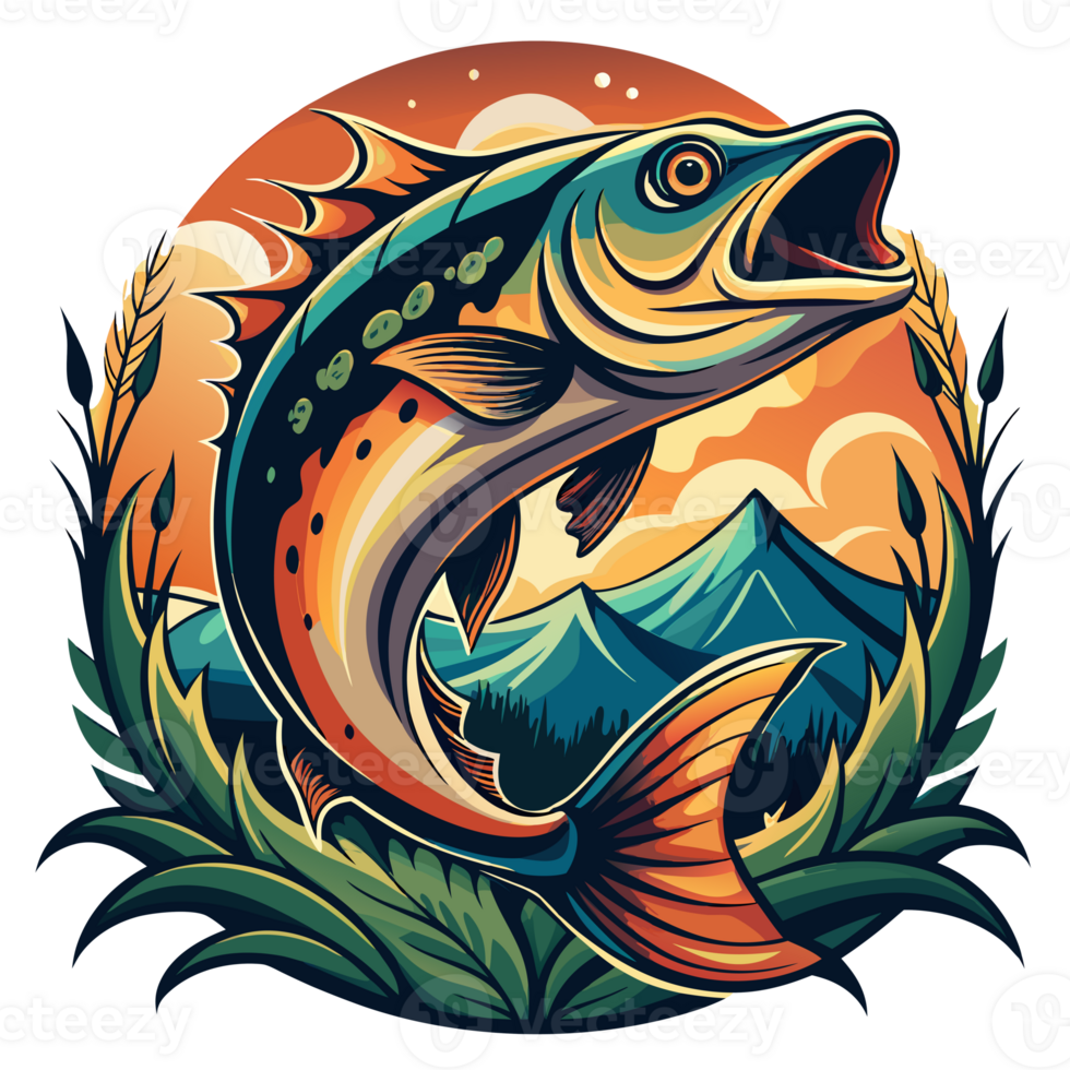 A vibrant fish leaps out of the water surrounded by lush greenery png