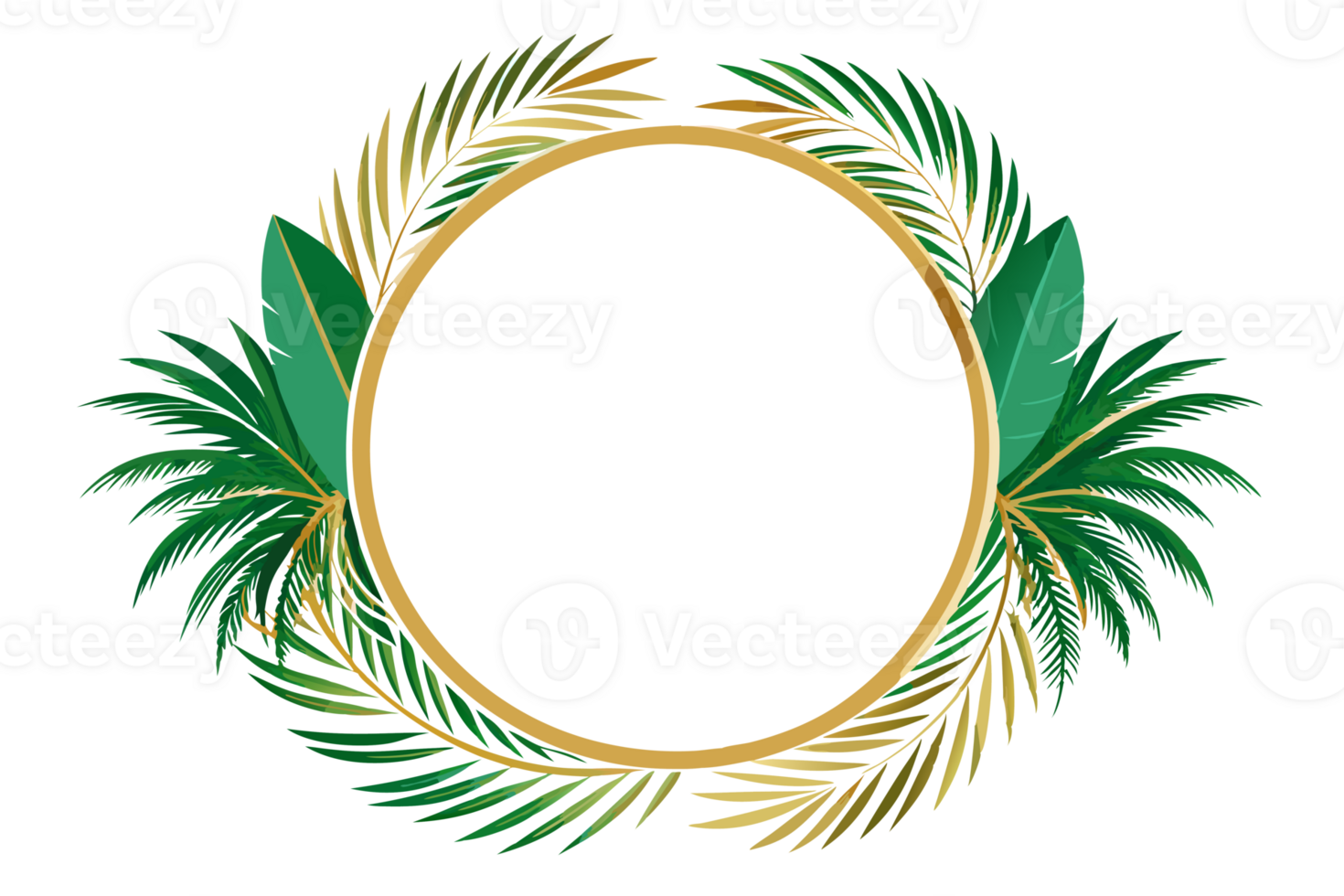 A golden circular frame decorated with various green leaves is centered png