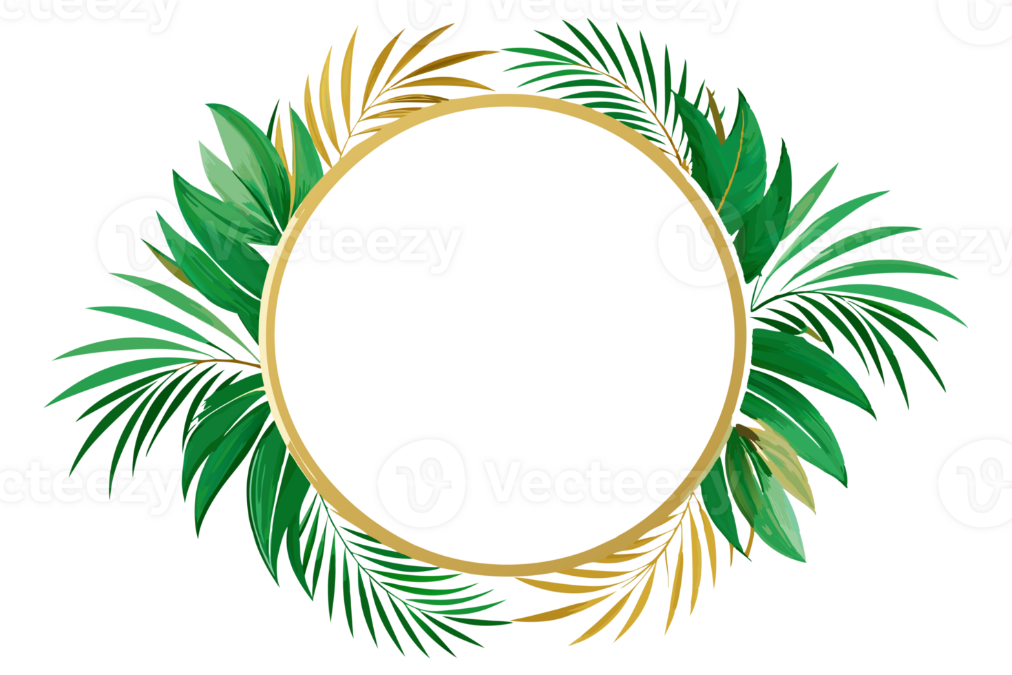 A golden circular frame decorated with various green leaves is centered png