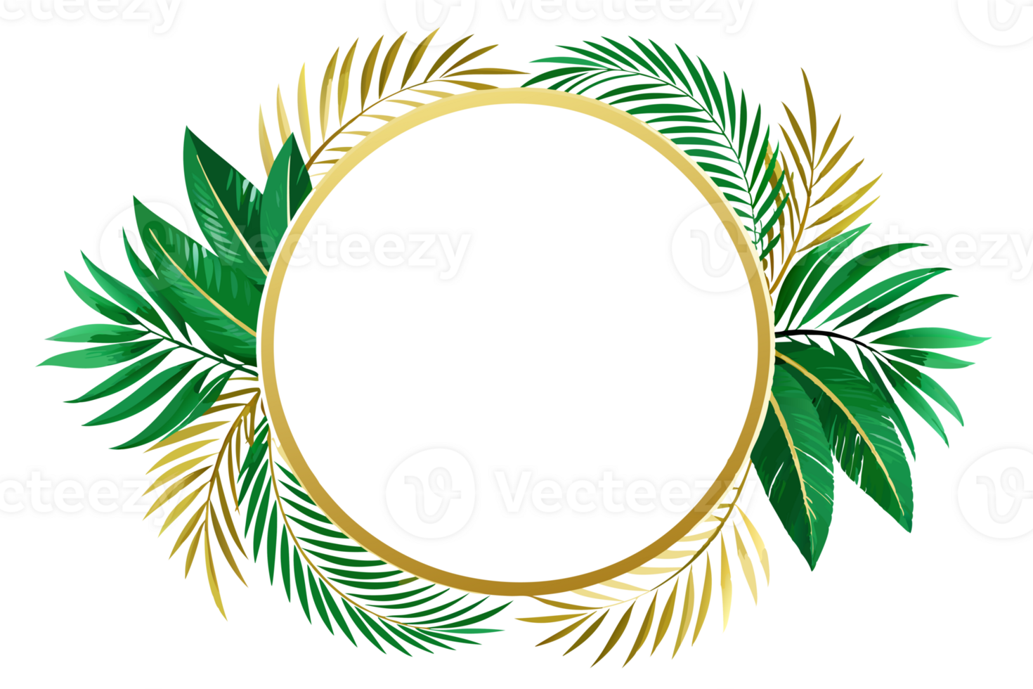 A golden circular frame decorated with various green leaves is centered png