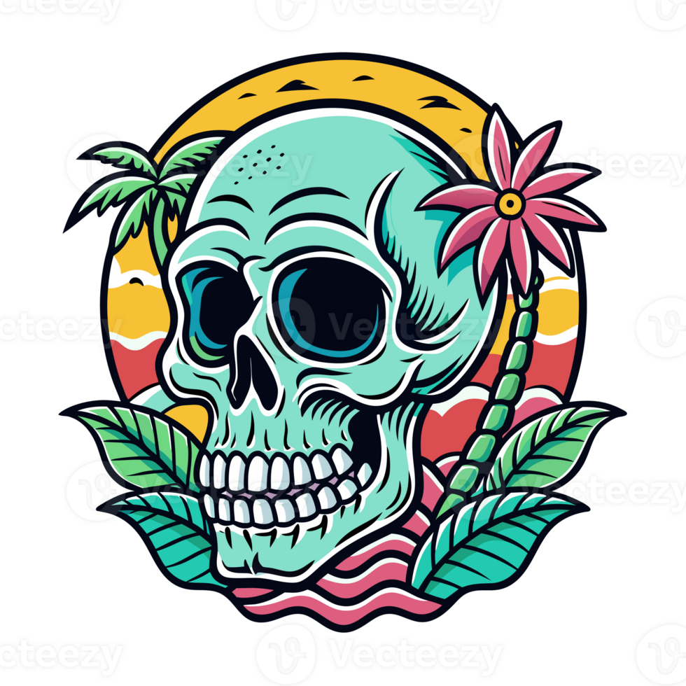 A skull with a teal hue is centered within a tropical scene, featuring palm trees, green leaves, and a pink flower against a sunset background png