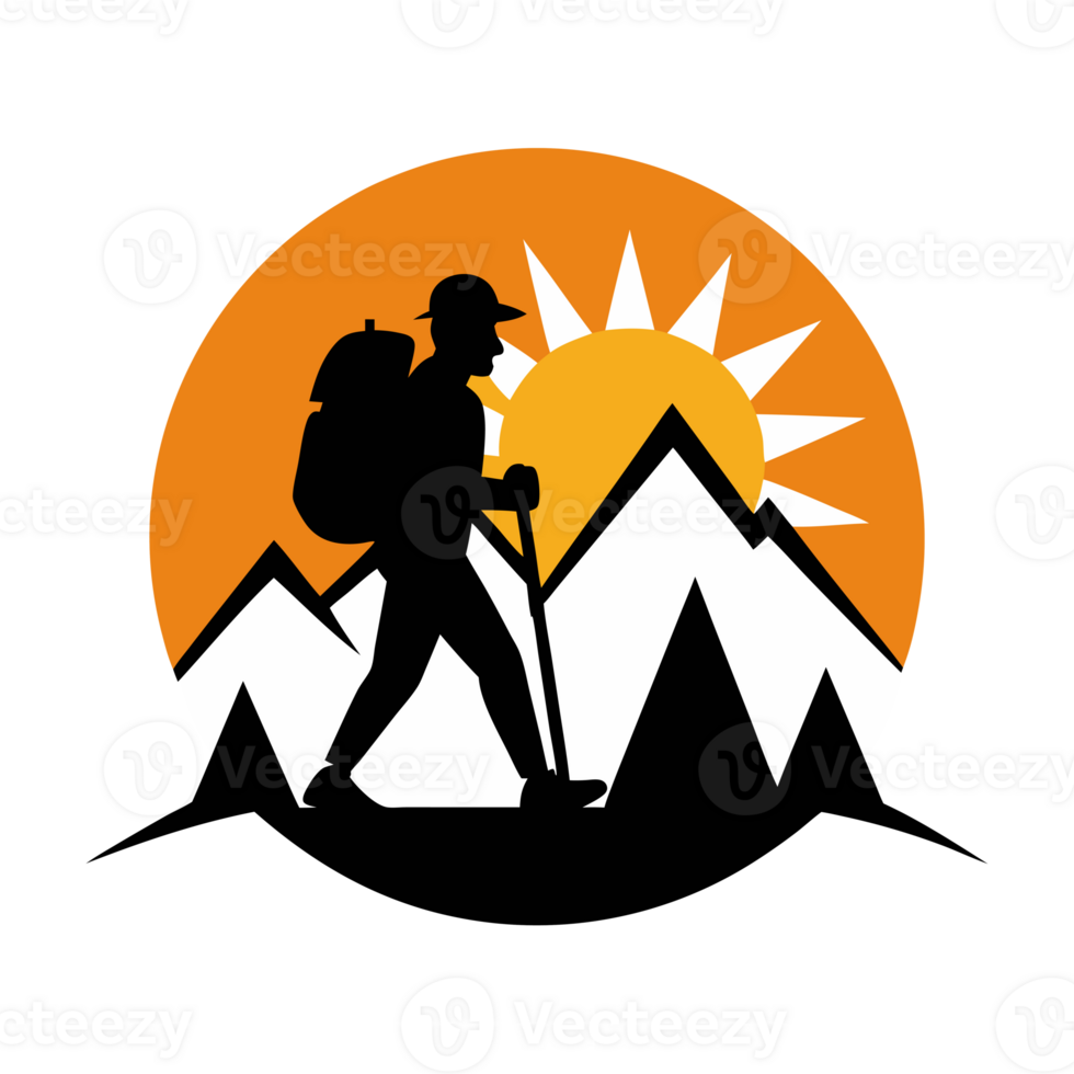 A silhouette of a hiker with a backpack and walking stick is set against a backdrop of snow capped mountains and a rising png