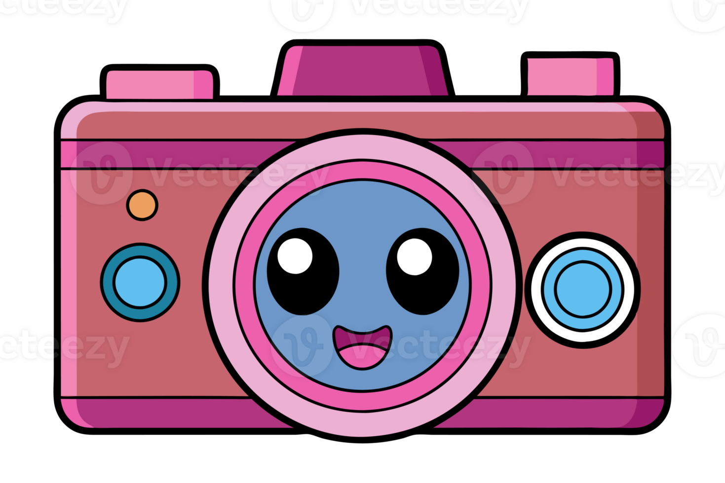 A purple camera with a smiling face and big, shiny eyes png