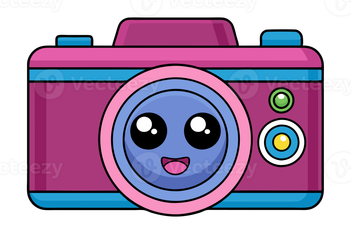 A purple camera with a smiling face and big, shiny eyes png