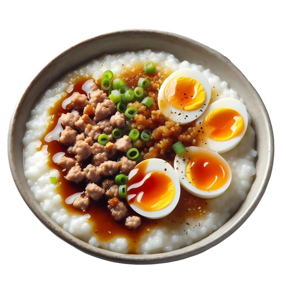 Delicious Minced Pork Congee Topped with Soft-Boiled Egg png