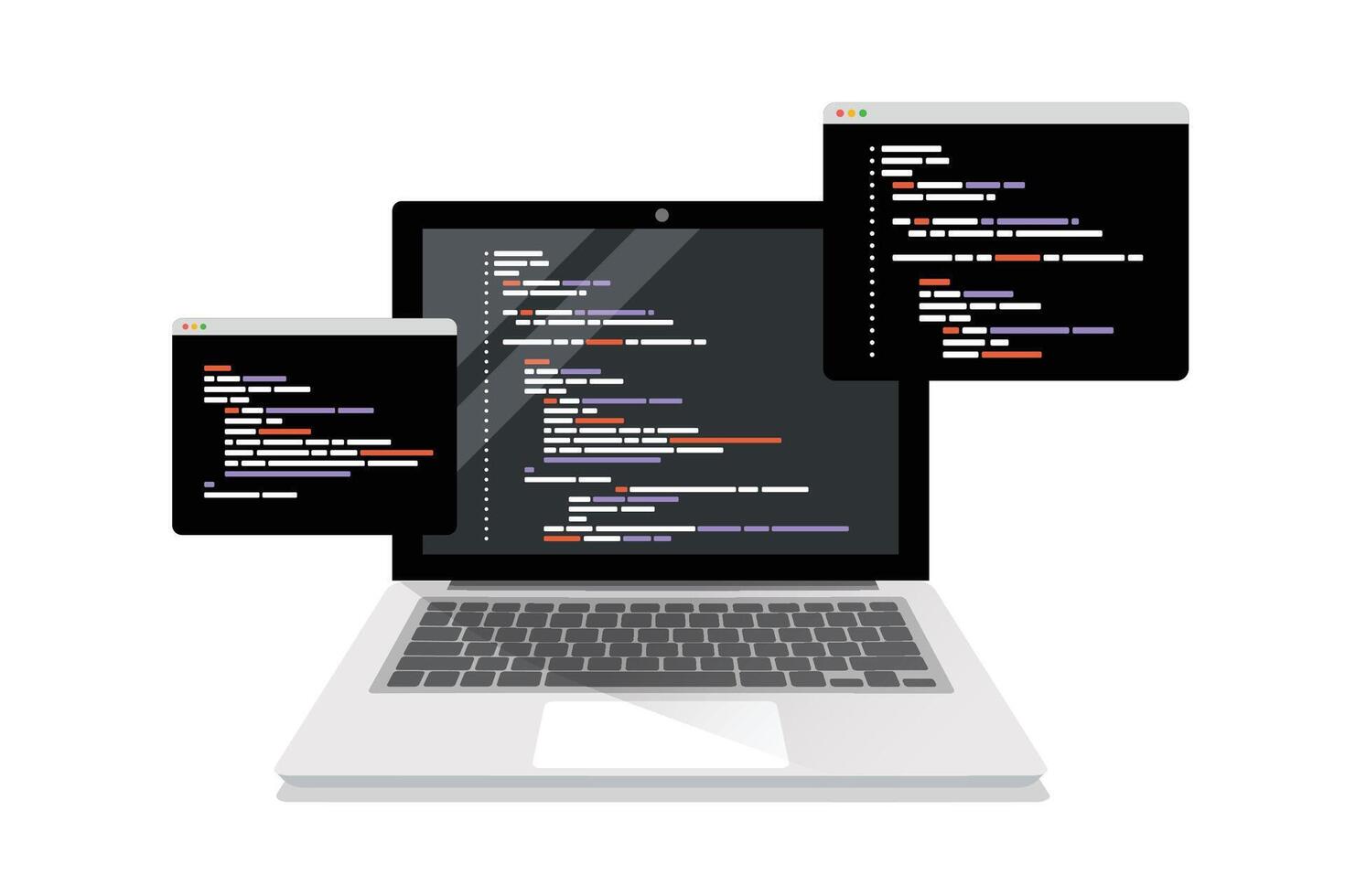 coding symbols and programming windows on laptop screen. vector