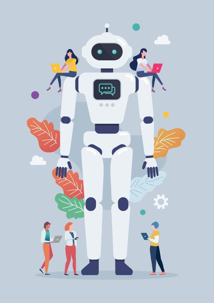 Tiny people with android robot. Illustration. vector