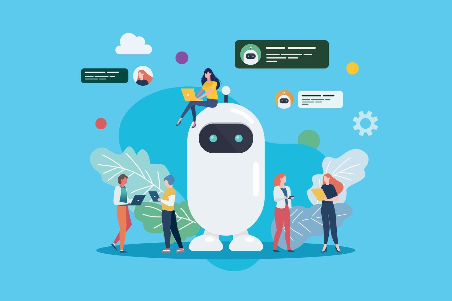 Programmer people with android robot. Illustration. vector