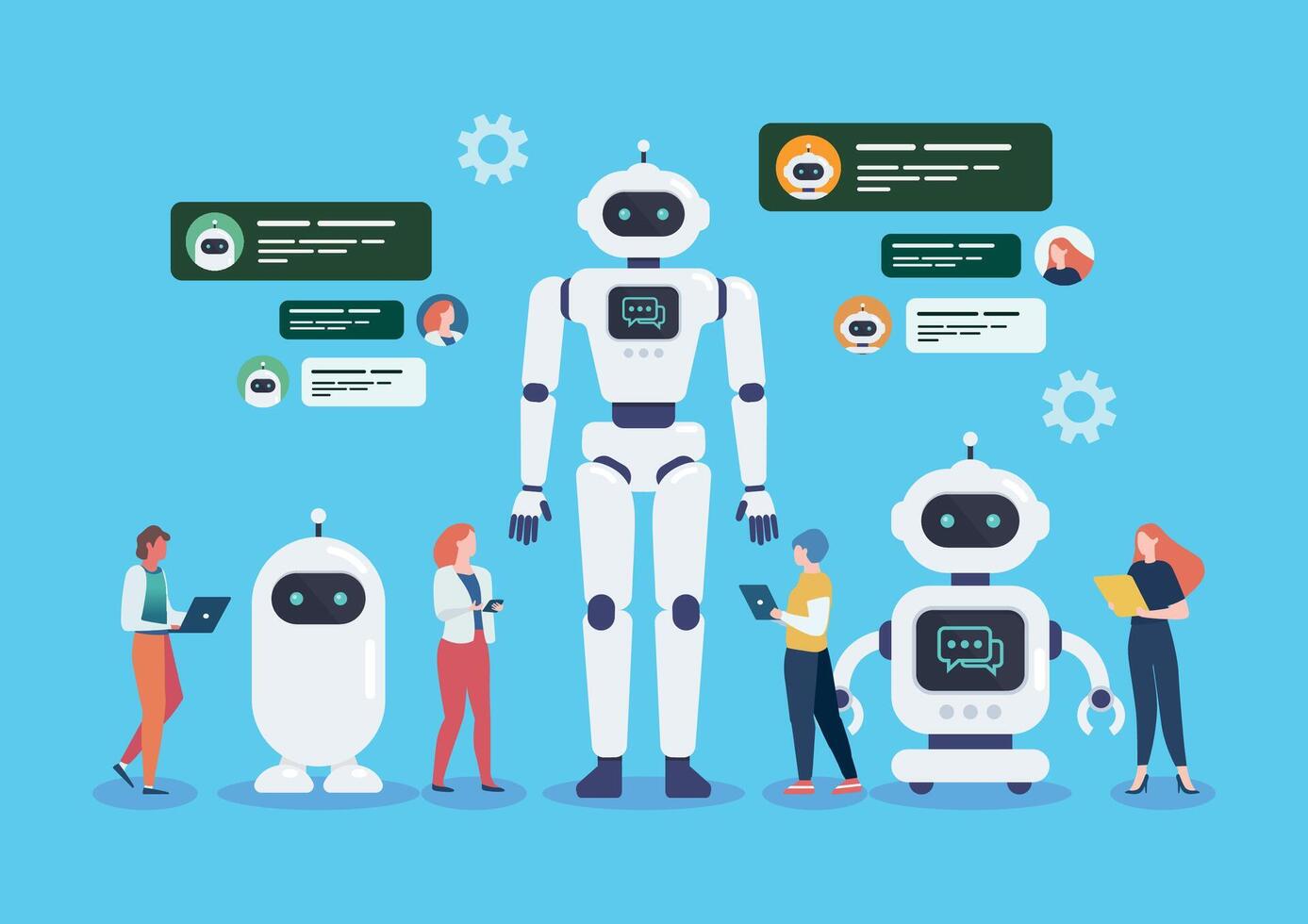 People with Android Robots Artificial intelligence chat bot vector