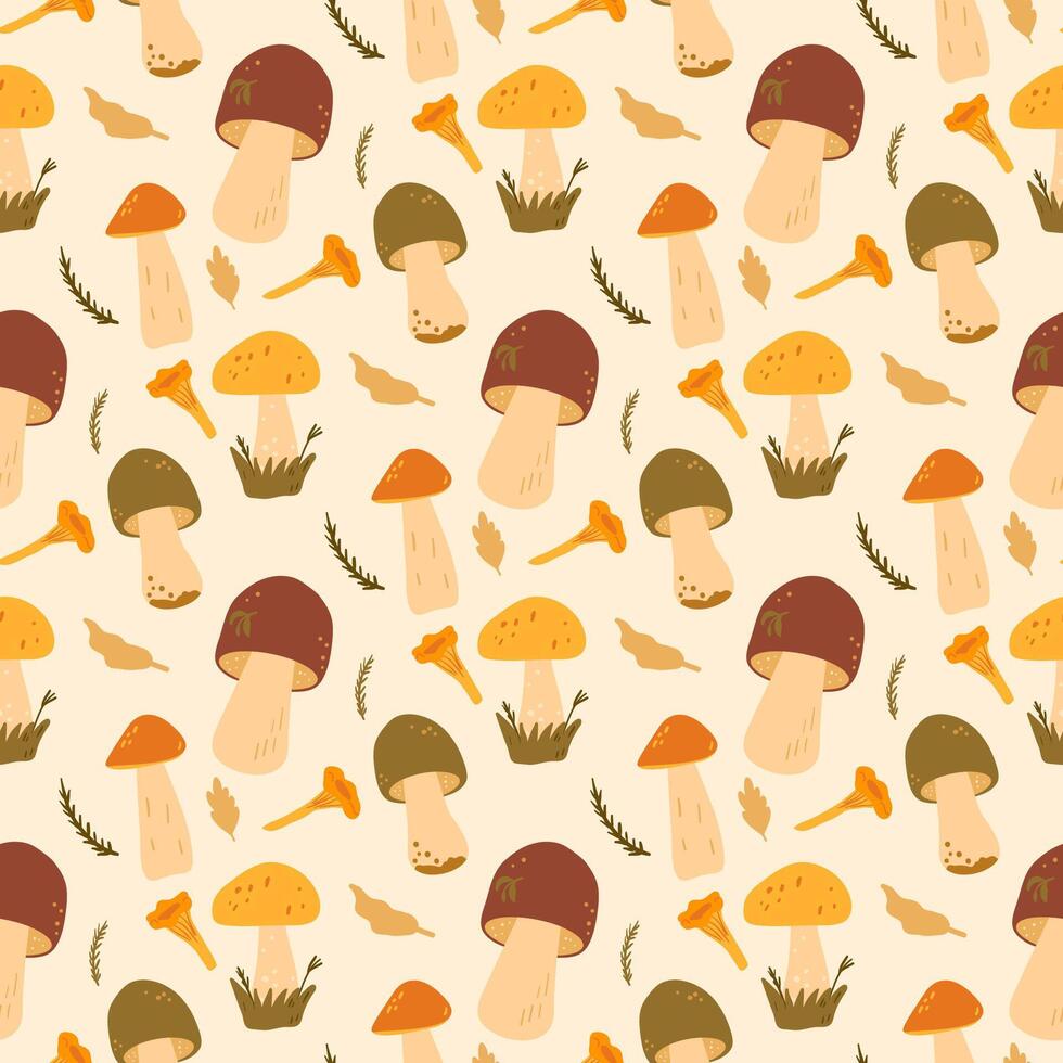 Mushrooms picking seamless pattern. hand drawn illustration. vector