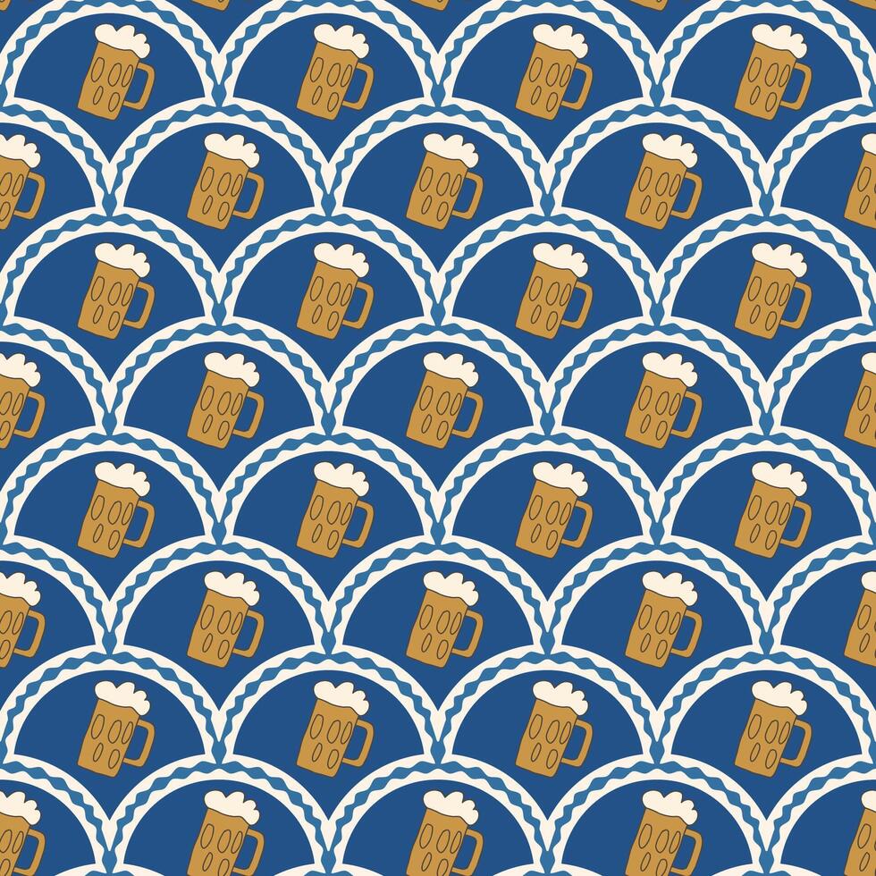 Beer scallop seamless pattern. Oktoberfest arch repeat background. Mug with beverage retro endless design. hand drawn illustration. vector