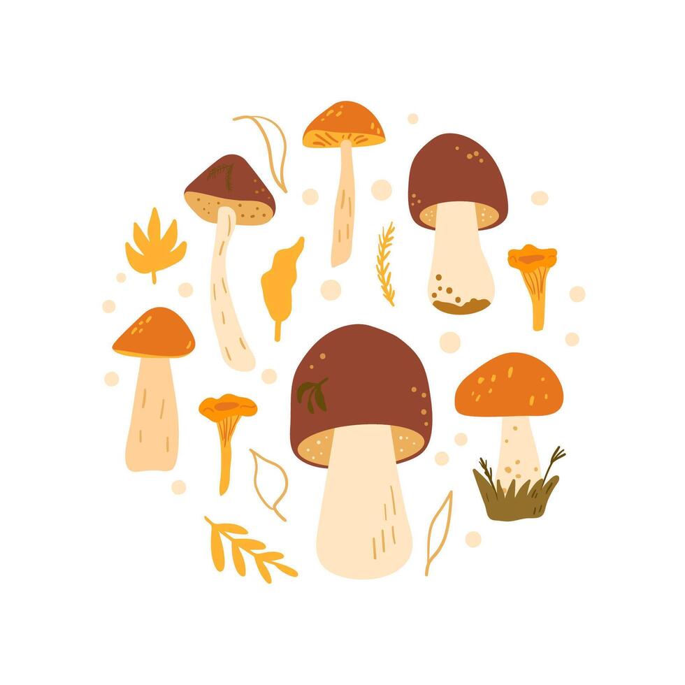 Mushrooms circular emblem isolated on white background. hand drawn flat illustration vector