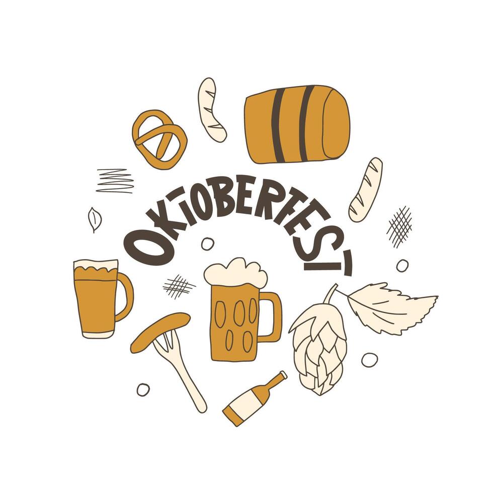 Oktoberfest emblem. Beer, bottles and pretzel with lettering. Beer festive label. hand drawn illustration. vector